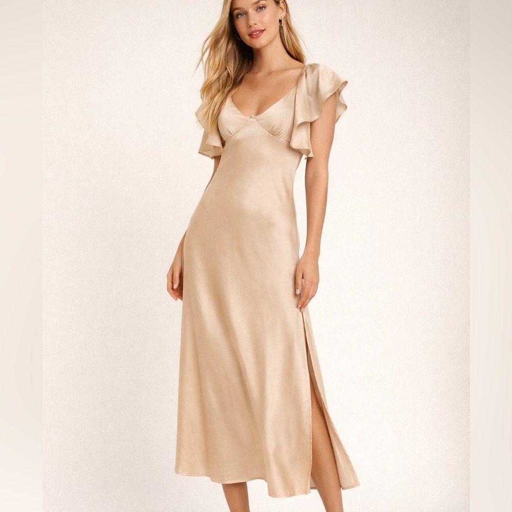 NWT Silky Ruffle Sleeve Midi Slip Dress in Cream - Picture 2 of 4